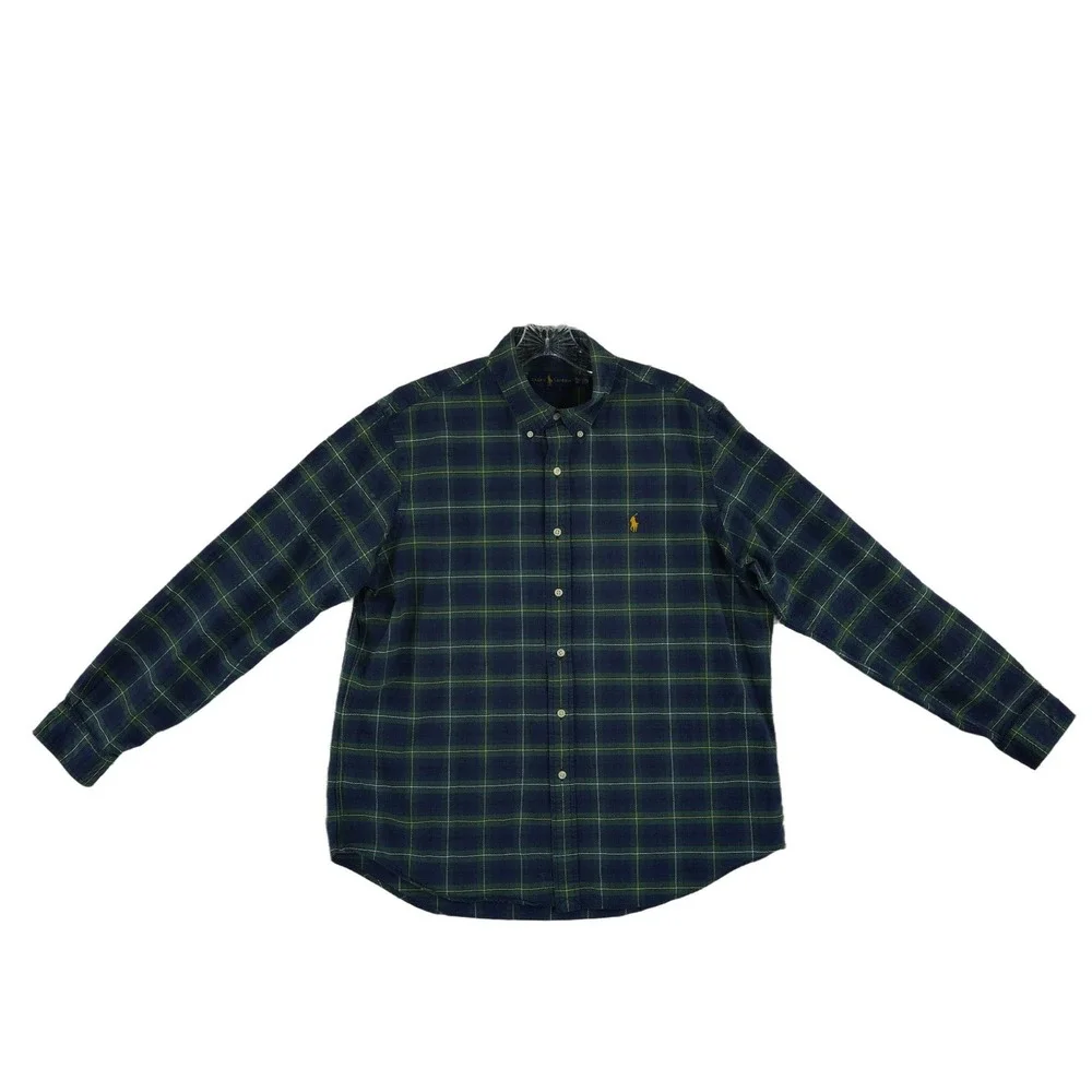 Ralph Lauren Plaid 100% Cotton Button Down Shirt Men's Size XL Blue Green Black